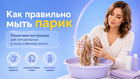 Женщина моет парик из искусственных волос специальным шампунем