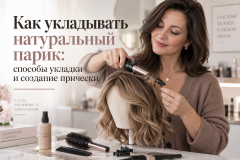 Женщина укладывает натуральный парик — создание прически из натуральных волос